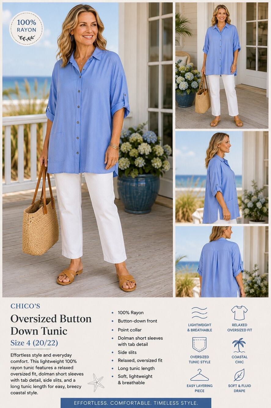 Chicos Women size 4 20 1x Blue Button Down Short Sleeve Tunic Top Shirt